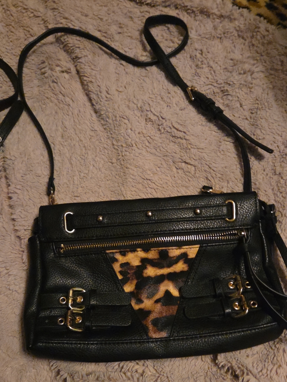 Black Leather Crossbody Bag with Leopard Accent